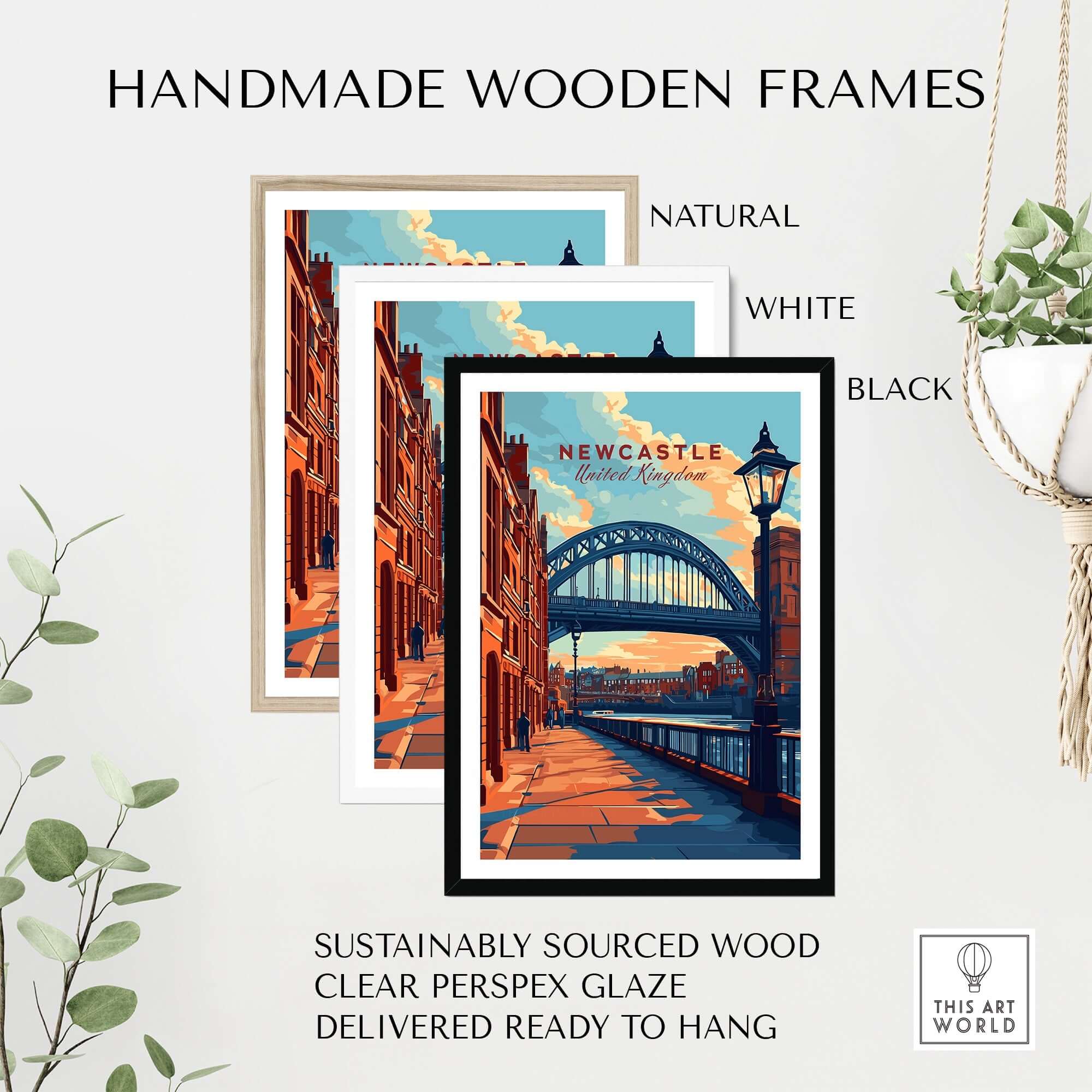 Newcastle Print in handmade wooden frames, showcasing the Tyne Bridge in a stylish design.