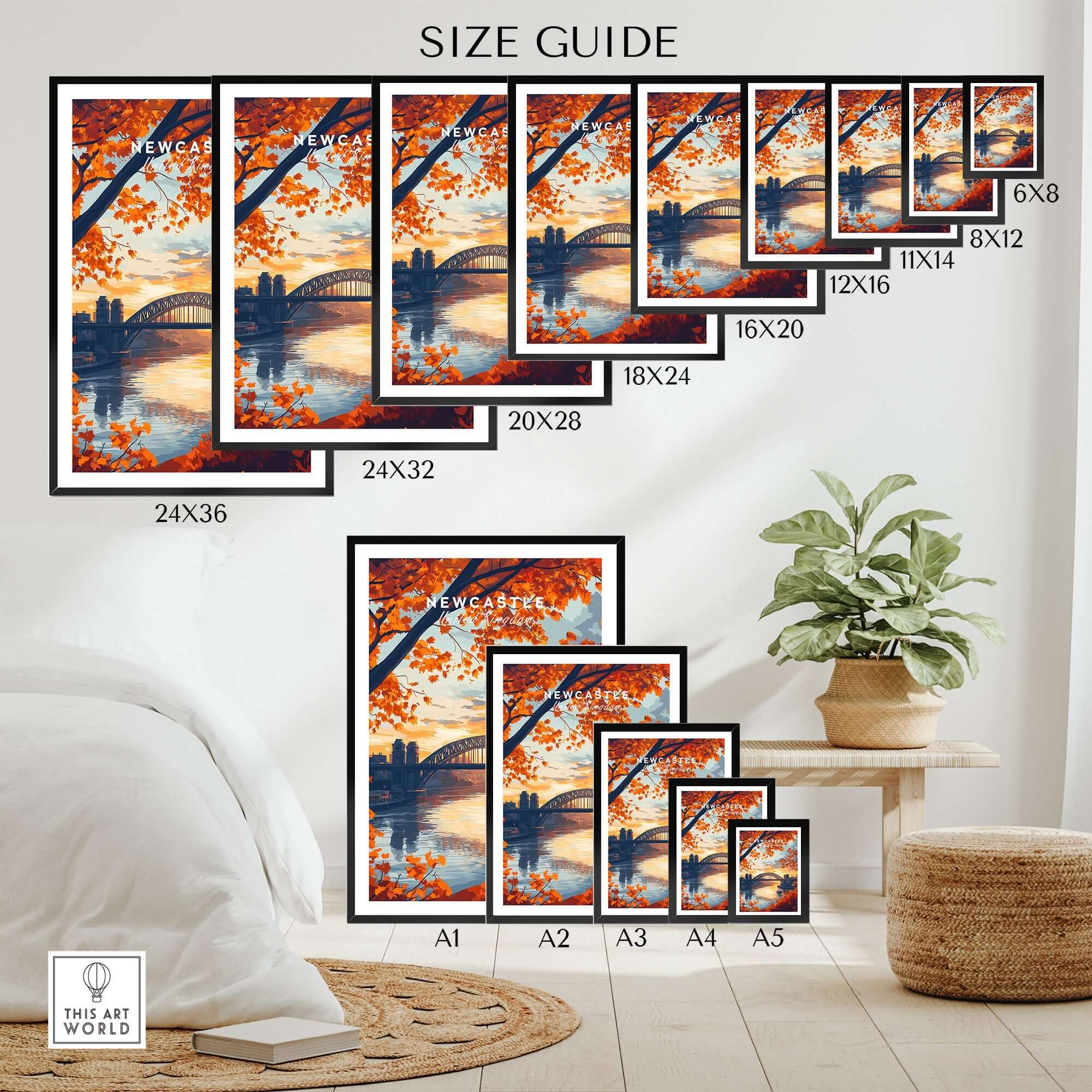 Newcastle Print England size guide showing various print sizes with Tyne Bridge and sunset design.