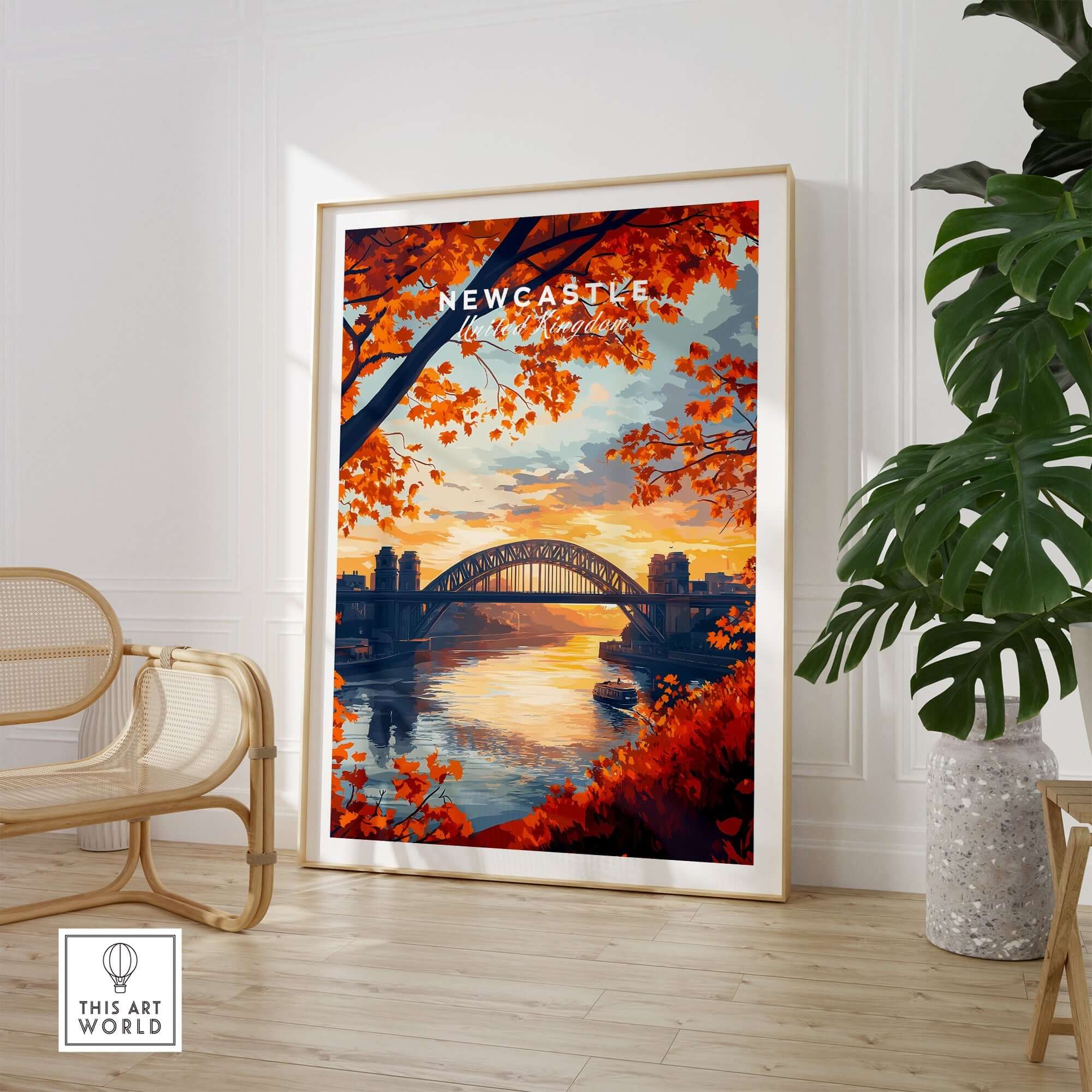 Newcastle Print England showcasing Tyne Bridge at sunset, vibrant autumn colors in a modern home decor setting.