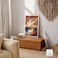 Newcastle Print England showcasing the Tyne Bridge at sunset in a stylish interior setting.