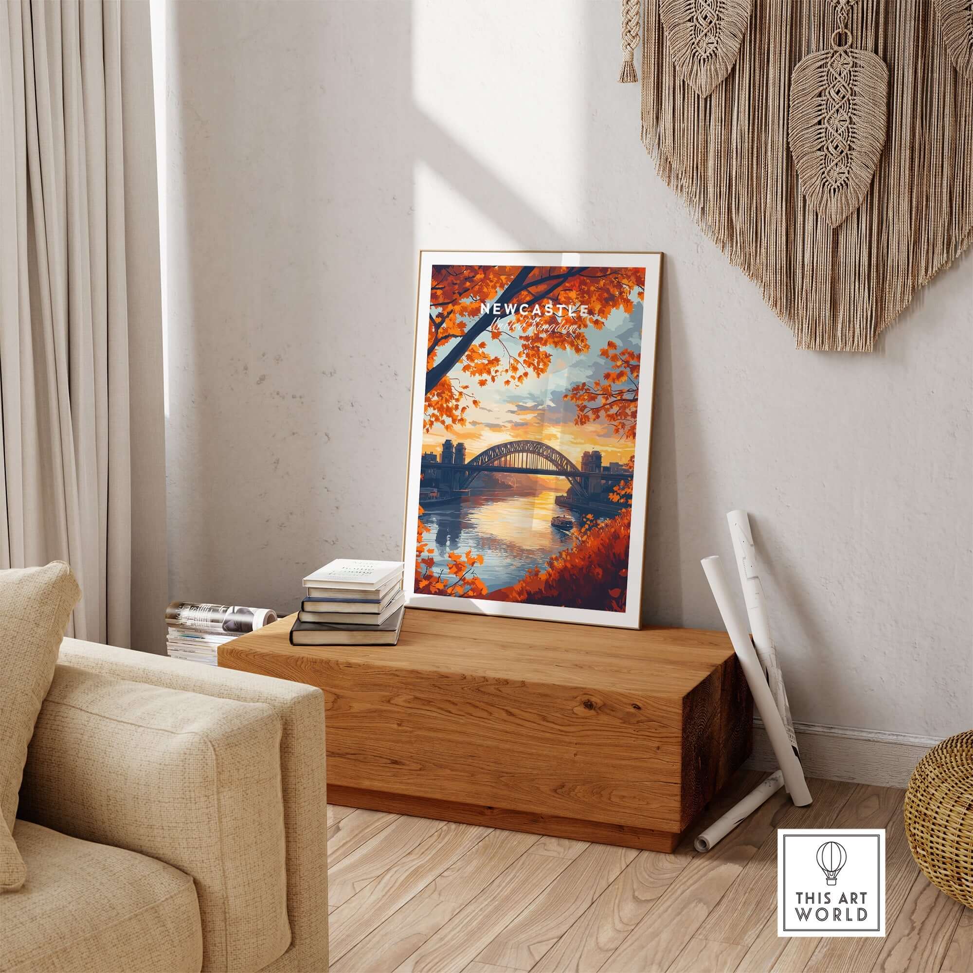 Newcastle Print England showcasing the Tyne Bridge at sunset in a stylish interior setting.