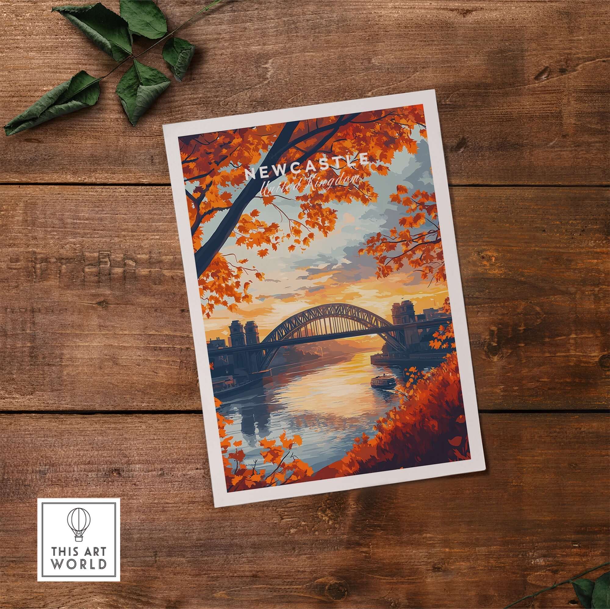 Newcastle Print England showcasing Tyne Bridge at sunset with autumn foliage.