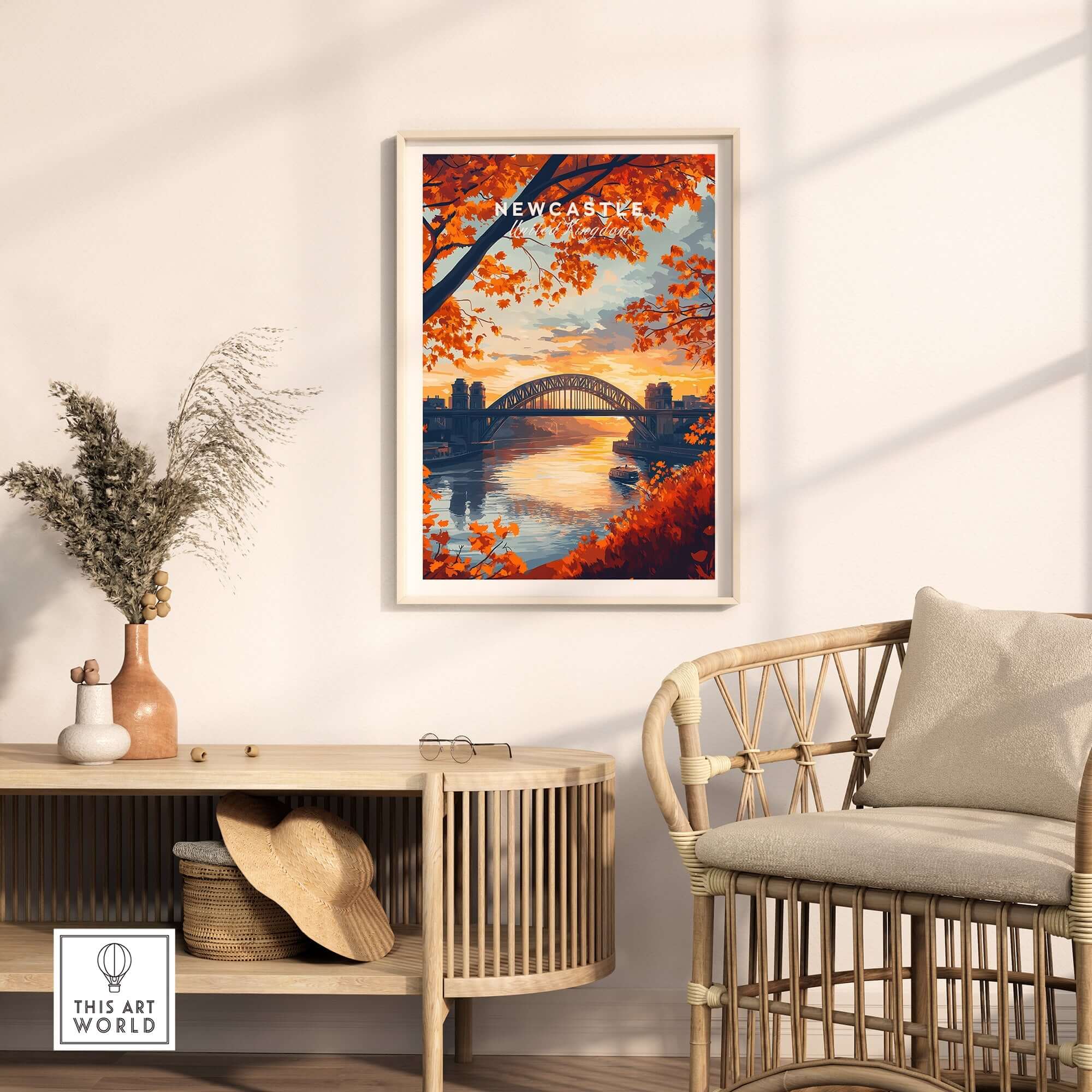 Newcastle Print England showcasing the Tyne Bridge in a vibrant sunset scene, perfect for home decor.