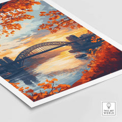 Newcastle Print England featuring Tyne Bridge at sunset surrounded by vibrant autumn leaves.