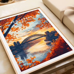 Newcastle Print England showcasing Tyne Bridge at sunset with vibrant autumn colors.