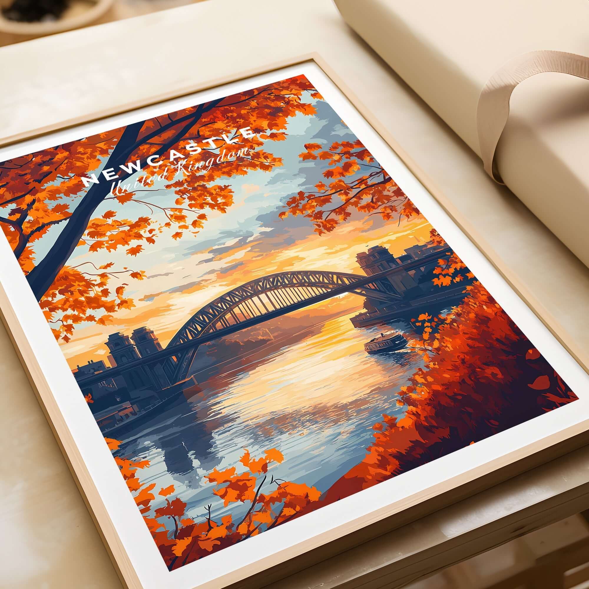 Newcastle Print England showcasing Tyne Bridge at sunset with vibrant autumn colors.