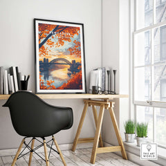 Newcastle Print England featuring the iconic Tyne Bridge against a vibrant sunset in a stylish home office setting.