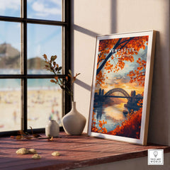 Newcastle Print England featuring Tyne Bridge at sunset in a cozy indoor setting.