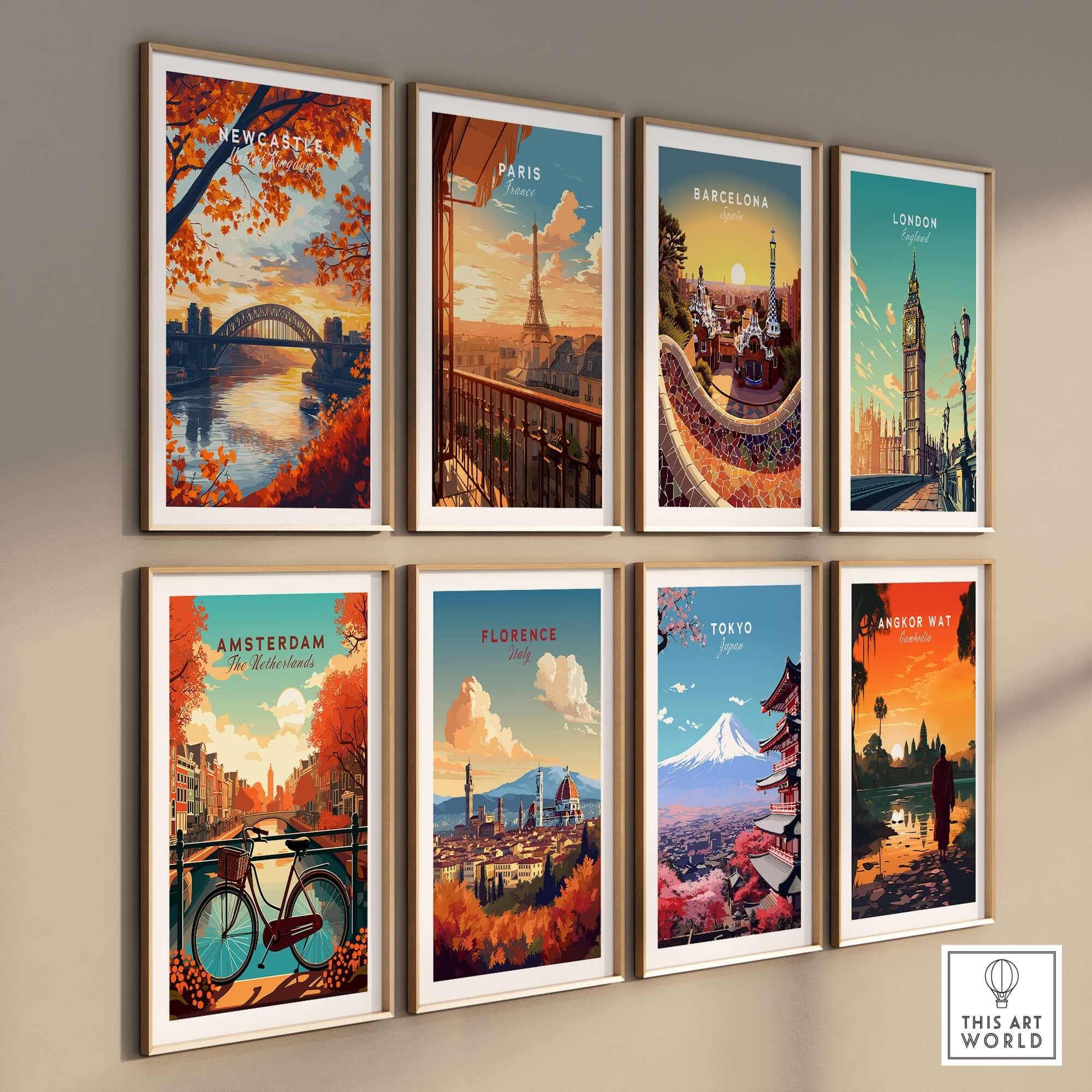 Newcastle Print England showcasing the Tyne Bridge with sunset backdrop among other city prints.