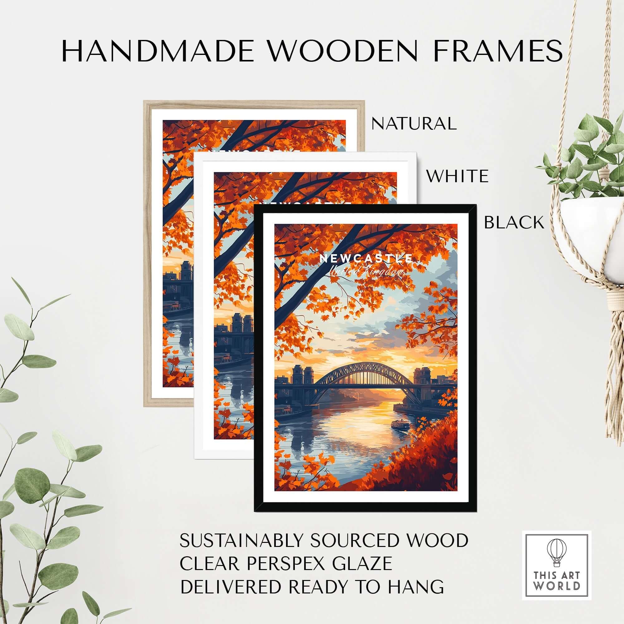 Newcastle Print England in handmade wooden frames, showcasing natural, white, and black options.