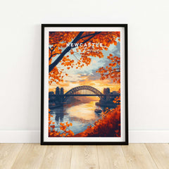 Newcastle Print England of the Tyne Bridge at sunset with vibrant colors and autumn leaves.