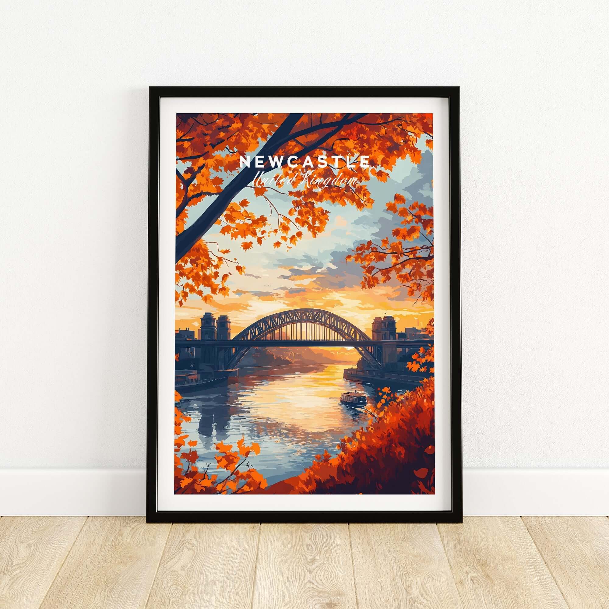 Newcastle Print England of the Tyne Bridge at sunset with vibrant colors and autumn leaves.