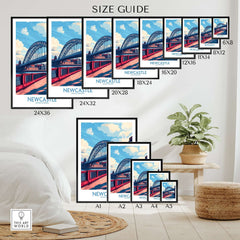 Newcastle Travel Poster size guide showcasing various dimensions of the Tyne Bridge artwork.
