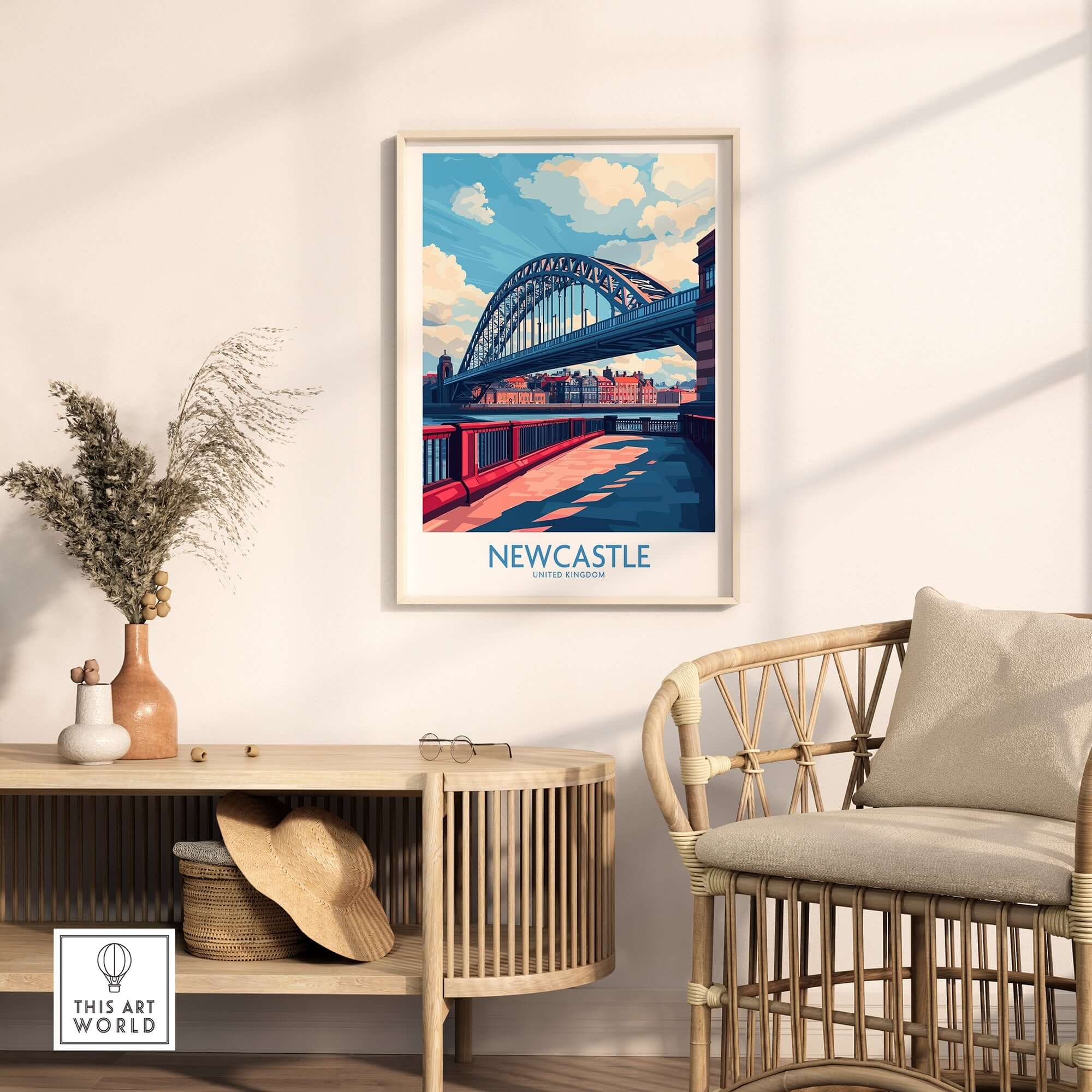 Newcastle Travel Poster showcasing the iconic Tyne Bridge in a stylish home setting with modern decor.