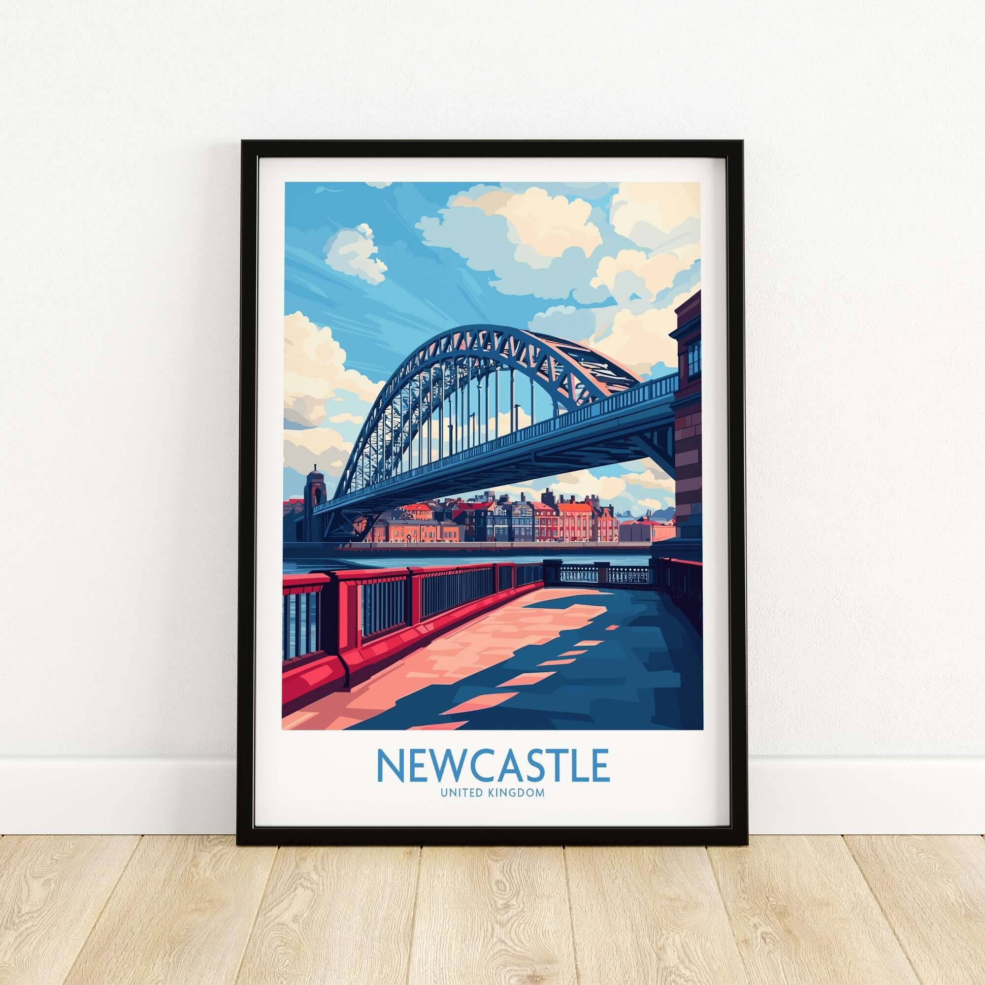 Newcastle Travel Poster showcasing the Tyne Bridge and vibrant city scenery in a stylish frame.