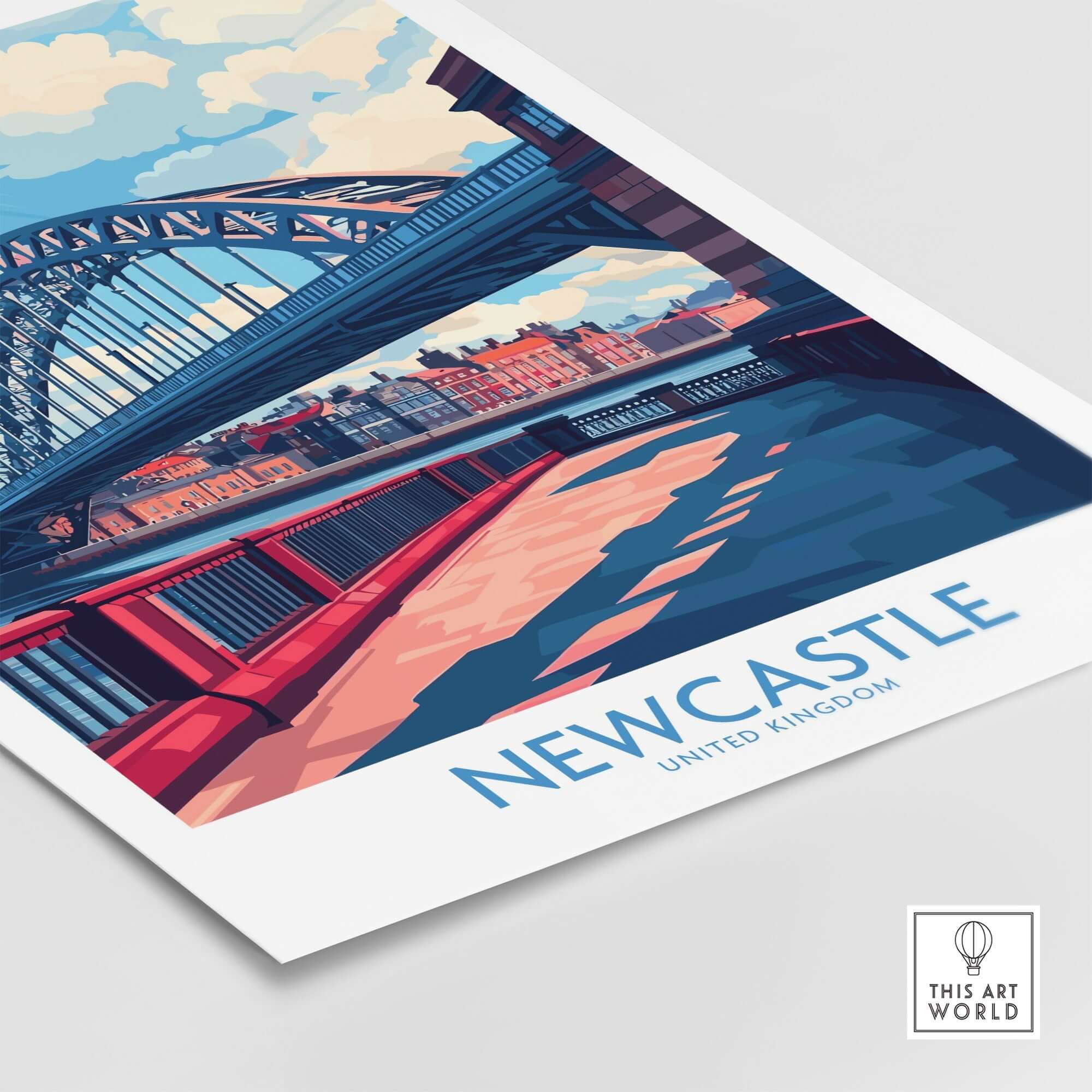 Newcastle Travel Poster featuring the iconic Tyne Bridge with vibrant colors and artistic design.