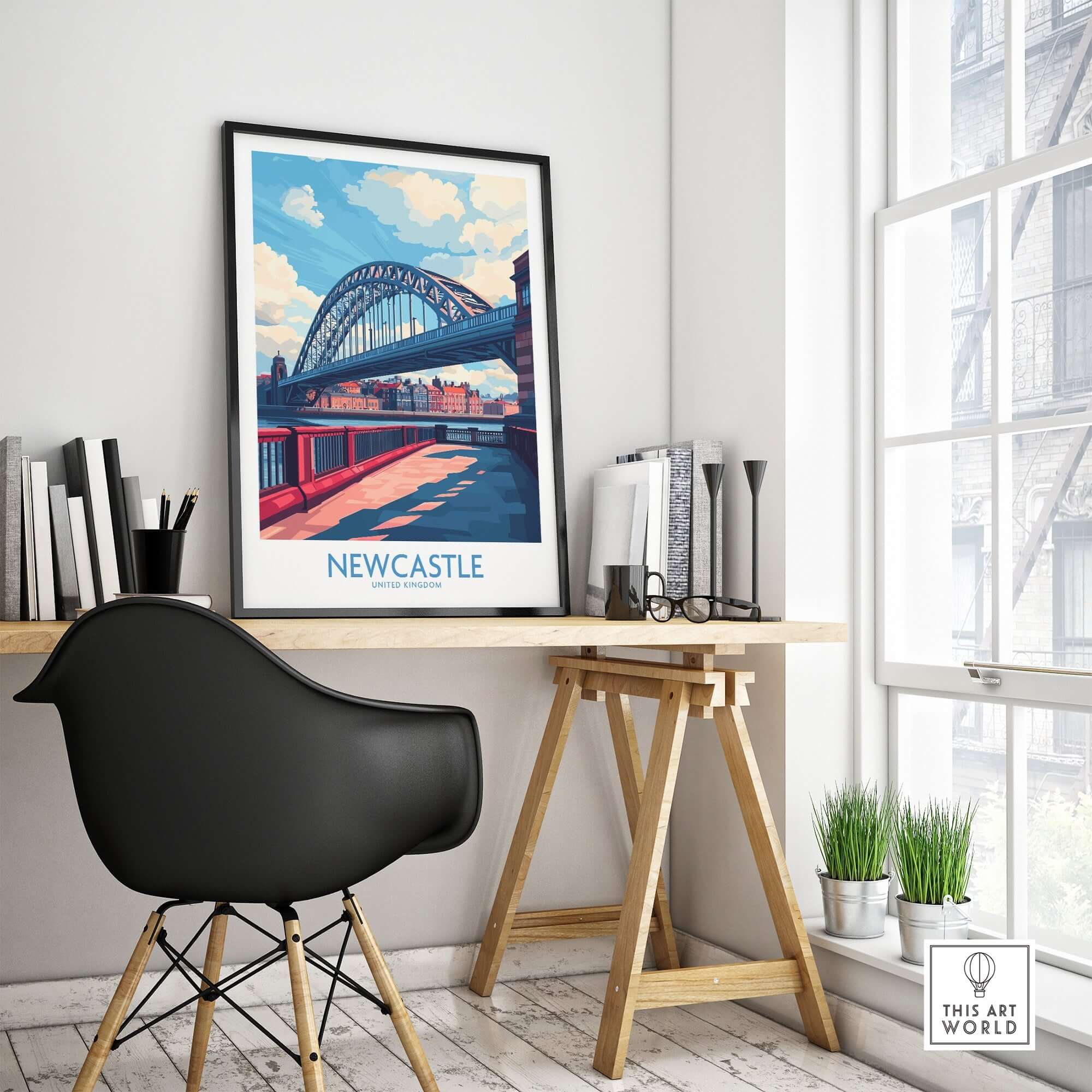 Newcastle Travel Poster featuring the iconic Tyne Bridge in a stylish home office setting.