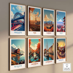 Newcastle Travel Poster showcasing the iconic Tyne Bridge among other famous city posters.
