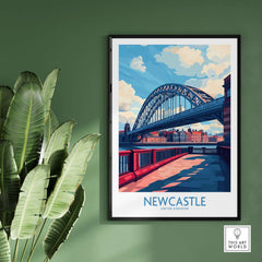 Newcastle Travel Poster showcasing the Tyne Bridge against a vibrant sky, enhancing home decor with wanderlust.