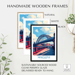 Newcastle Travel Poster displayed in handmade wooden frames in natural, white, and black options.