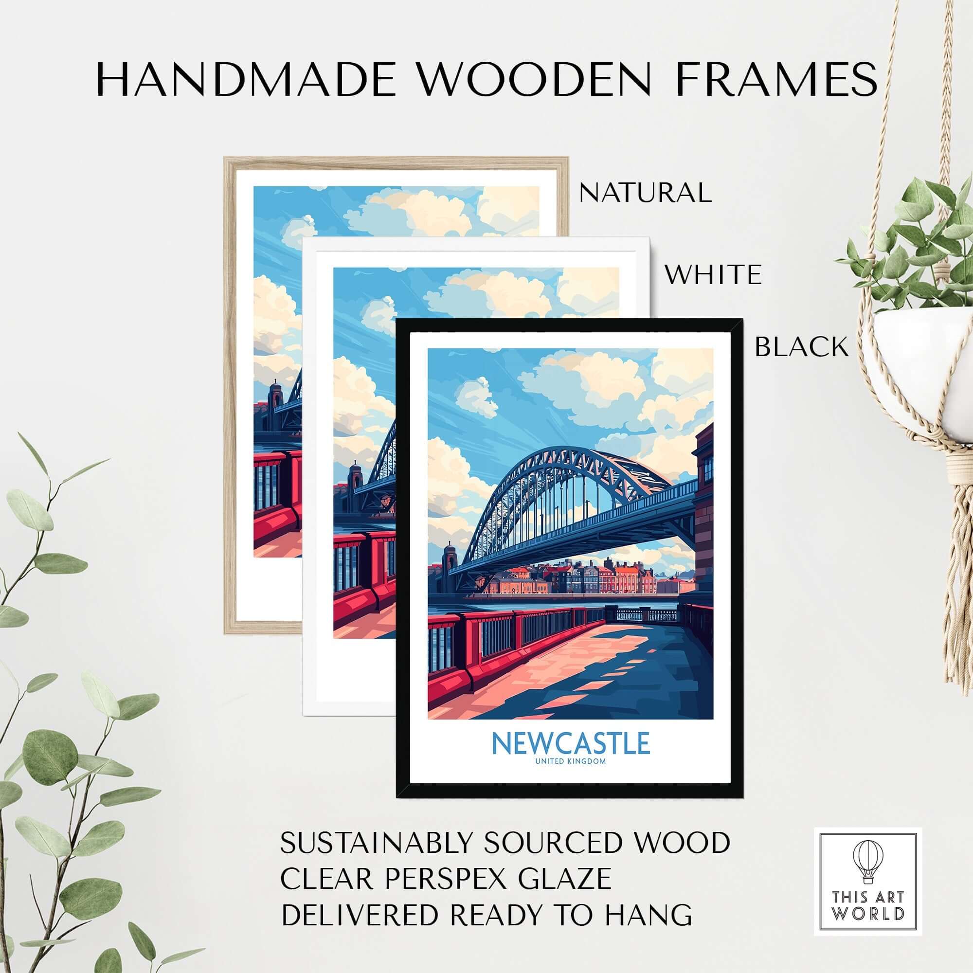 Newcastle Travel Poster displayed in handmade wooden frames in natural, white, and black options.