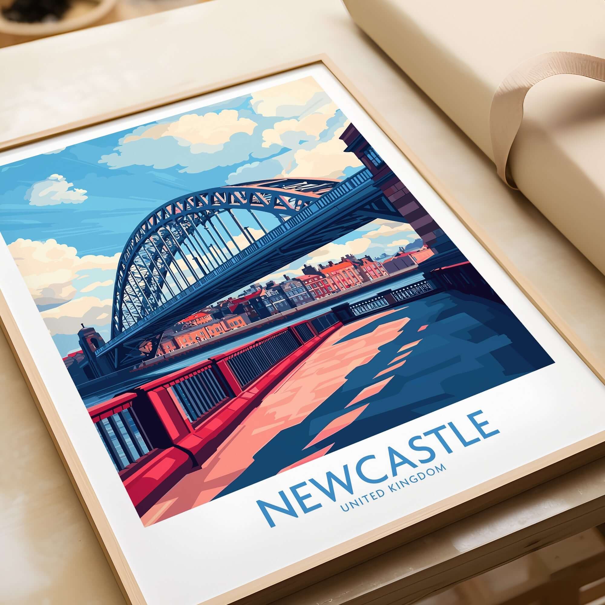 Newcastle Travel Poster featuring the iconic Tyne Bridge in vibrant colors, perfect for home decor.