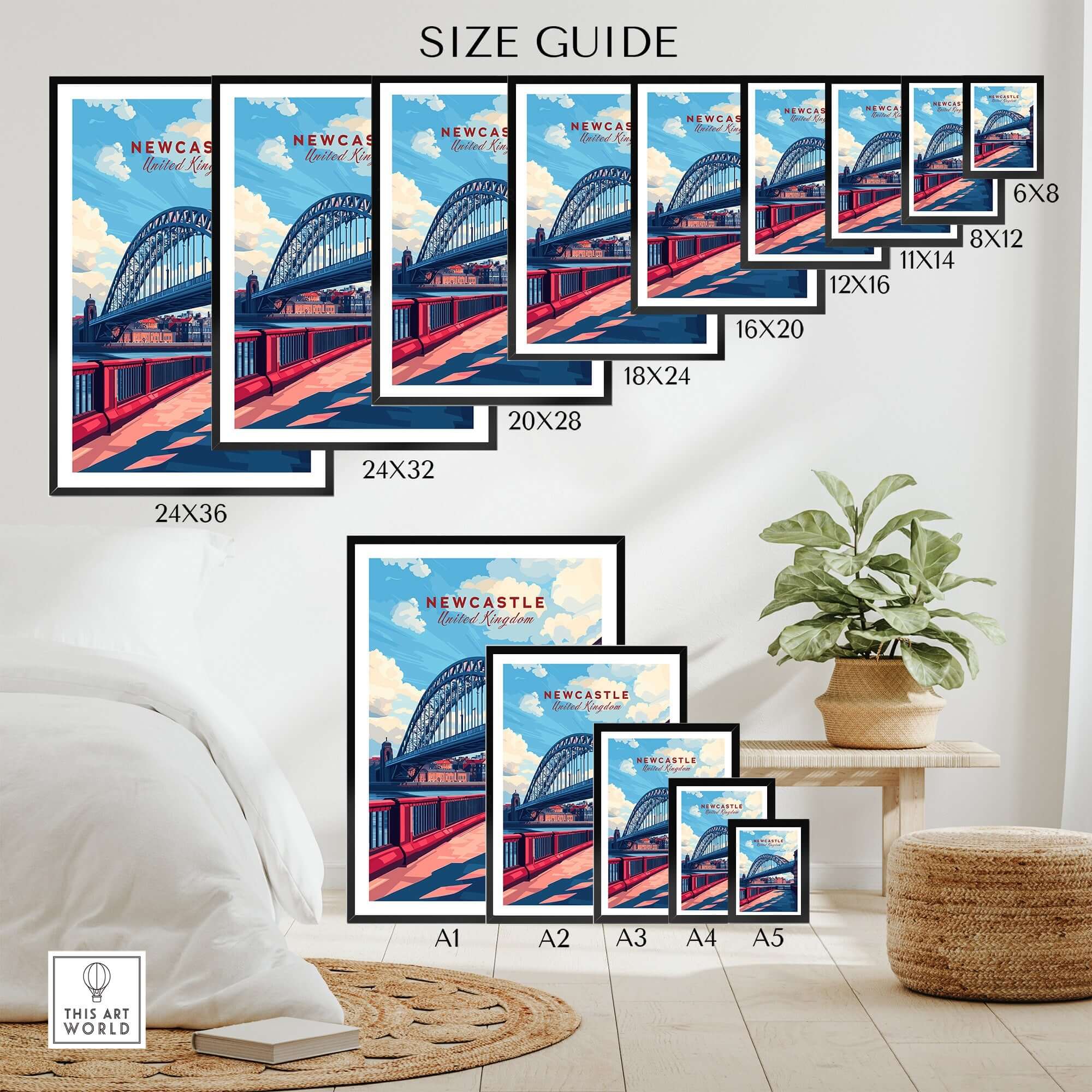 Newcastle Travel Print size guide showcasing different frame sizes and the iconic Tyne Bridge design.
