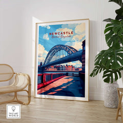 Newcastle Travel Print showcasing the iconic Tyne Bridge with blue skies in a stylish interior setting.