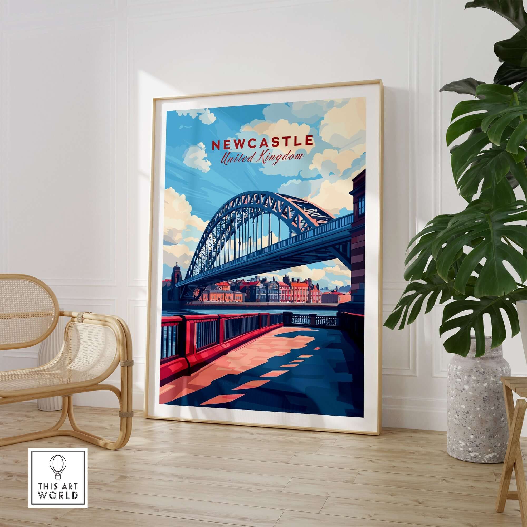 Newcastle Travel Print showcasing the iconic Tyne Bridge with blue skies in a stylish interior setting.