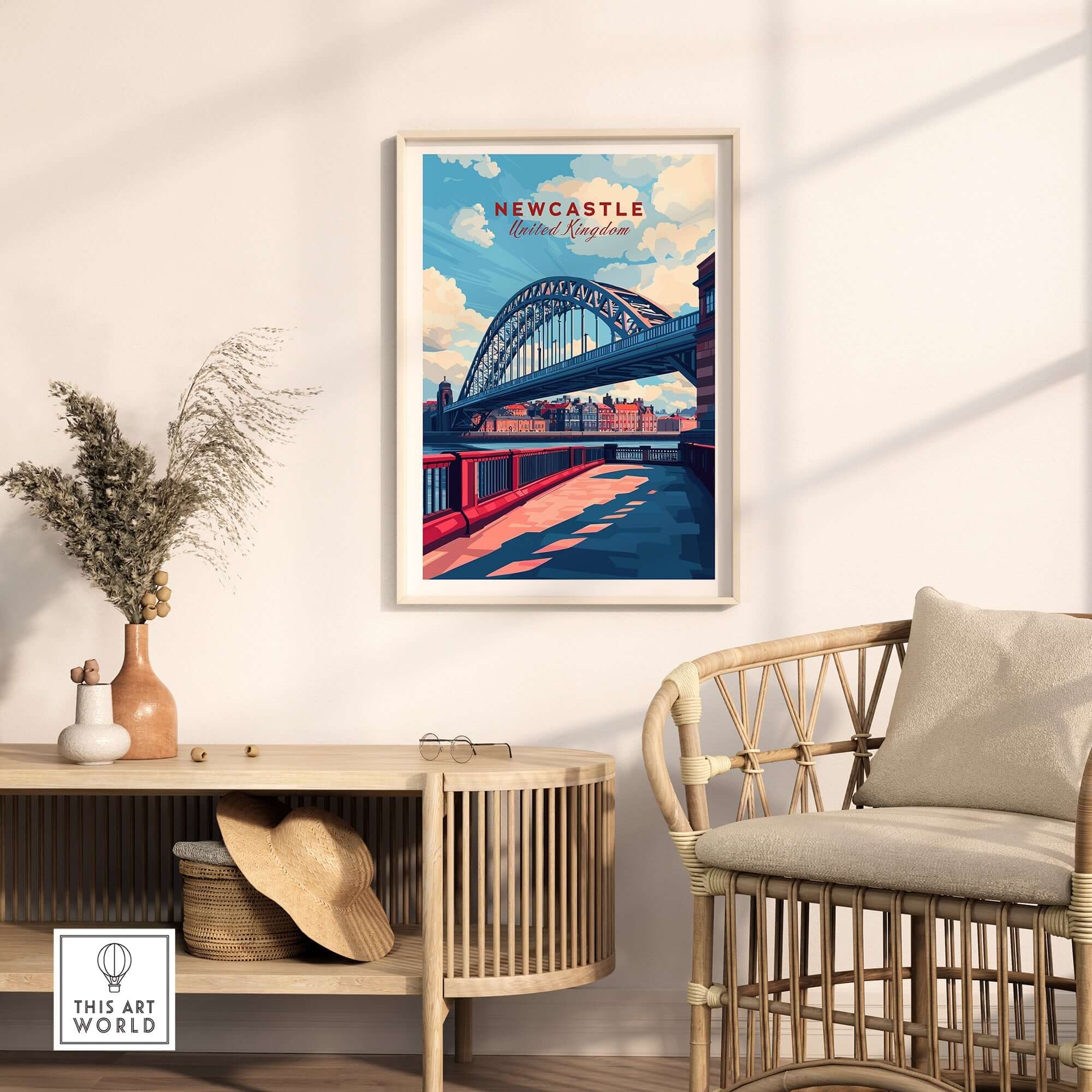 Newcastle Travel Print featuring the iconic Tyne Bridge in a stylish interior setting.