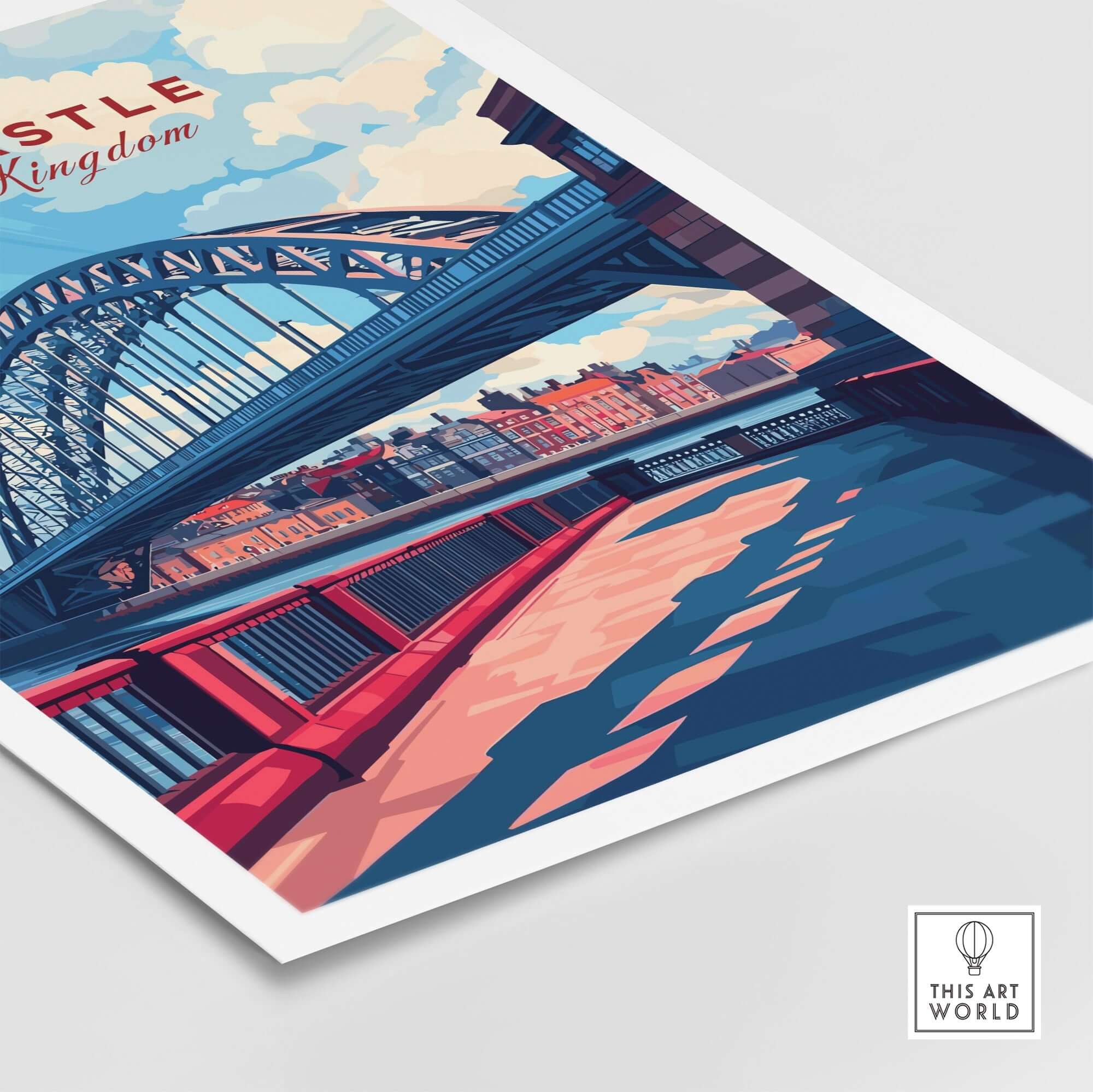 Newcastle Travel Print showcasing the iconic Tyne Bridge with vibrant colors and artistic design.