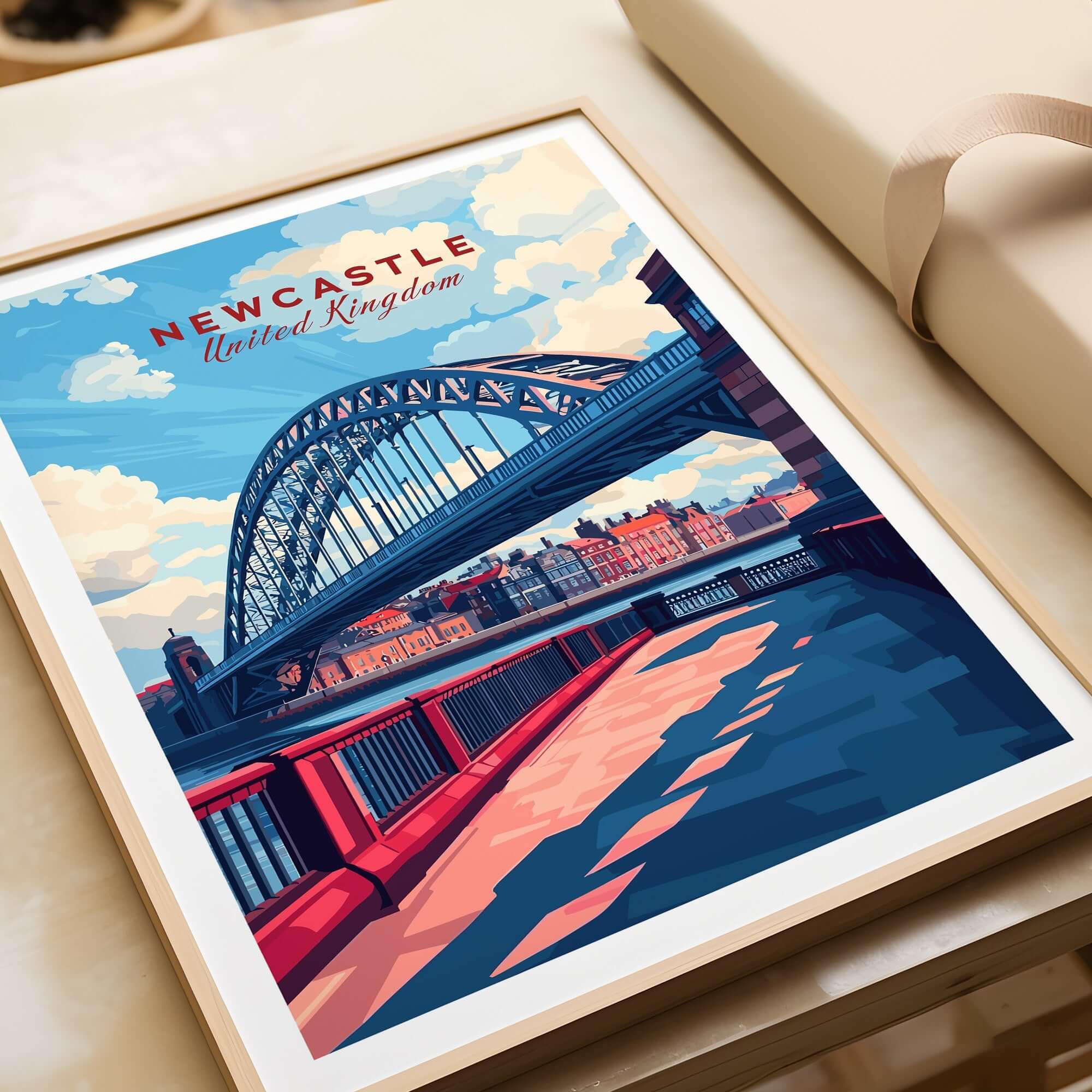 Newcastle Travel Print featuring the iconic Tyne Bridge and vibrant colors, perfect for art lovers.