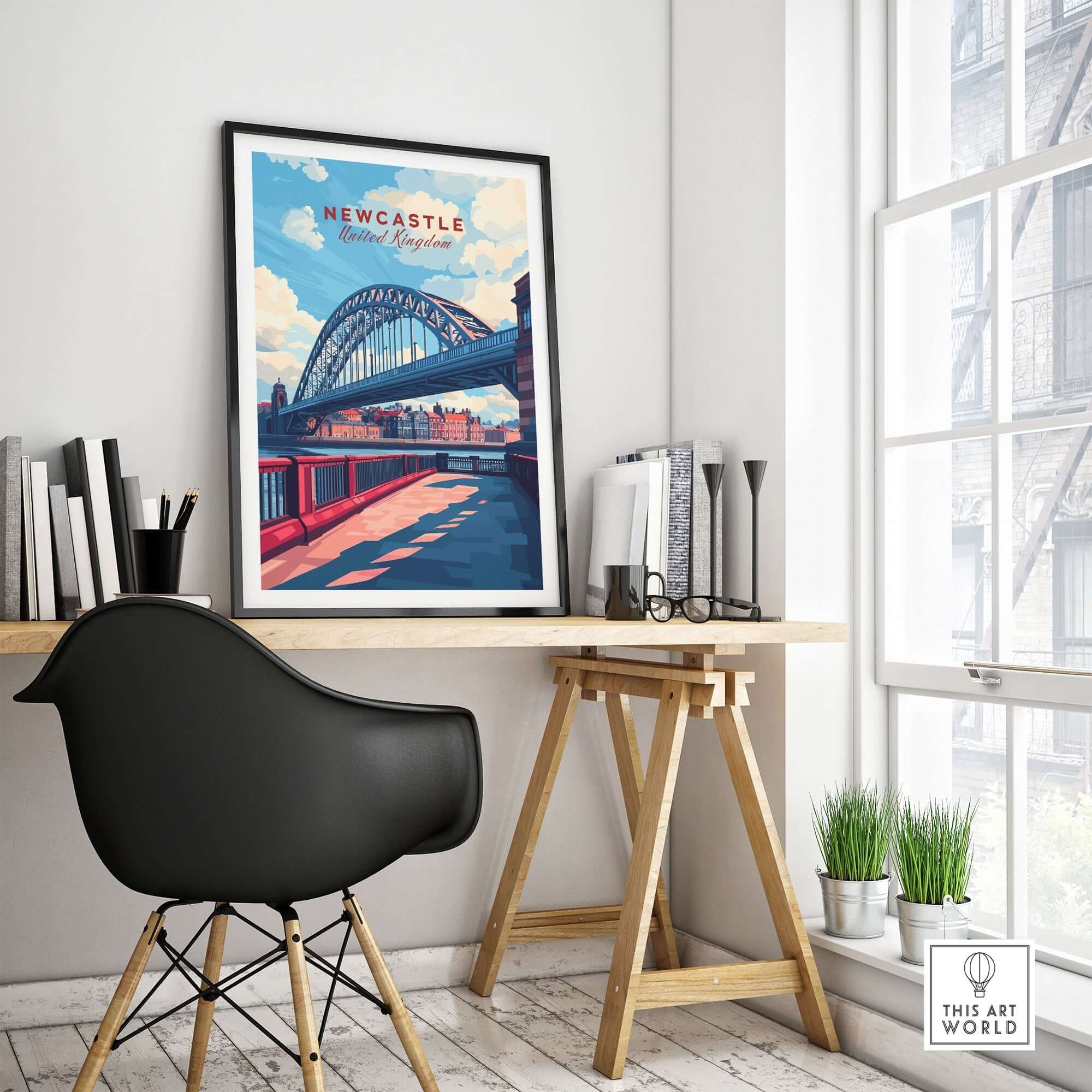 Newcastle Travel Print showcasing the Tyne Bridge in a stylish interior setting with a modern desk and chair.