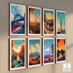 Newcastle Travel Print alongside other city travel art prints including Paris, Barcelona, and London.