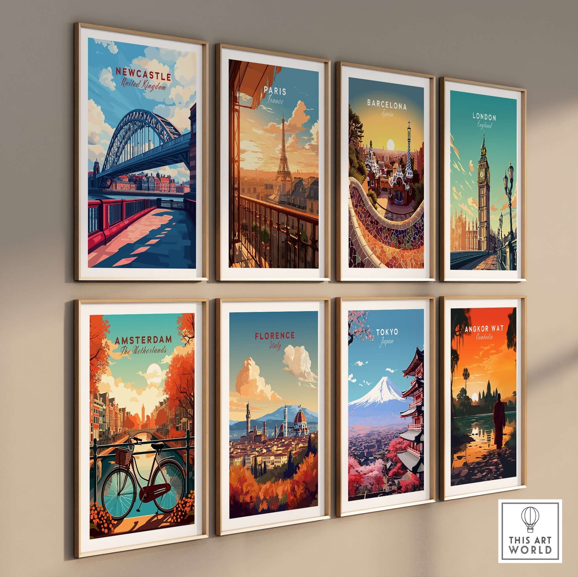 Newcastle Travel Print alongside other city travel art prints including Paris, Barcelona, and London.