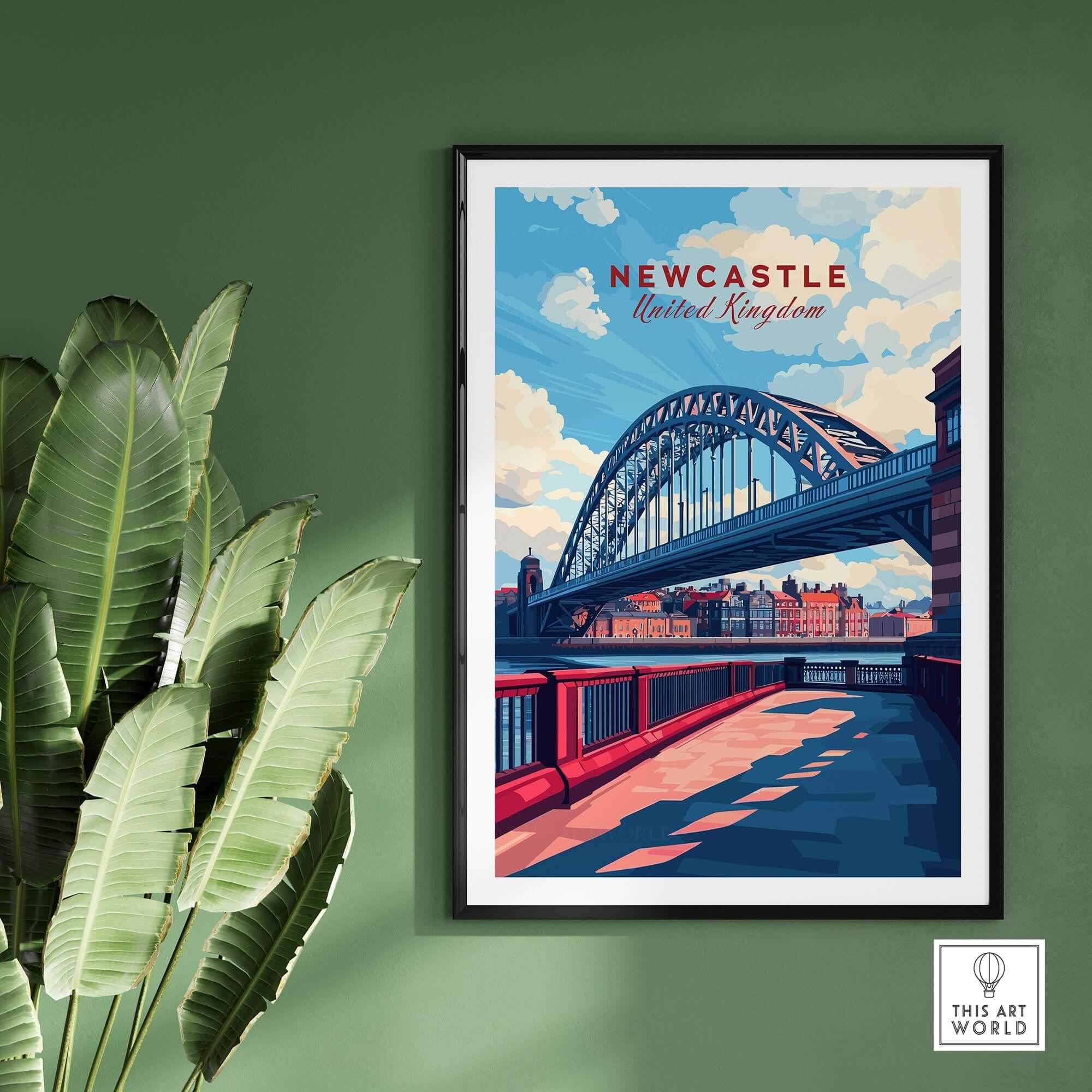 Newcastle Travel Print featuring the Tyne Bridge and vibrant city scenery in the United Kingdom.