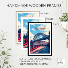 Newcastle Travel Print framed in natural, white, and black handmade wooden frames.