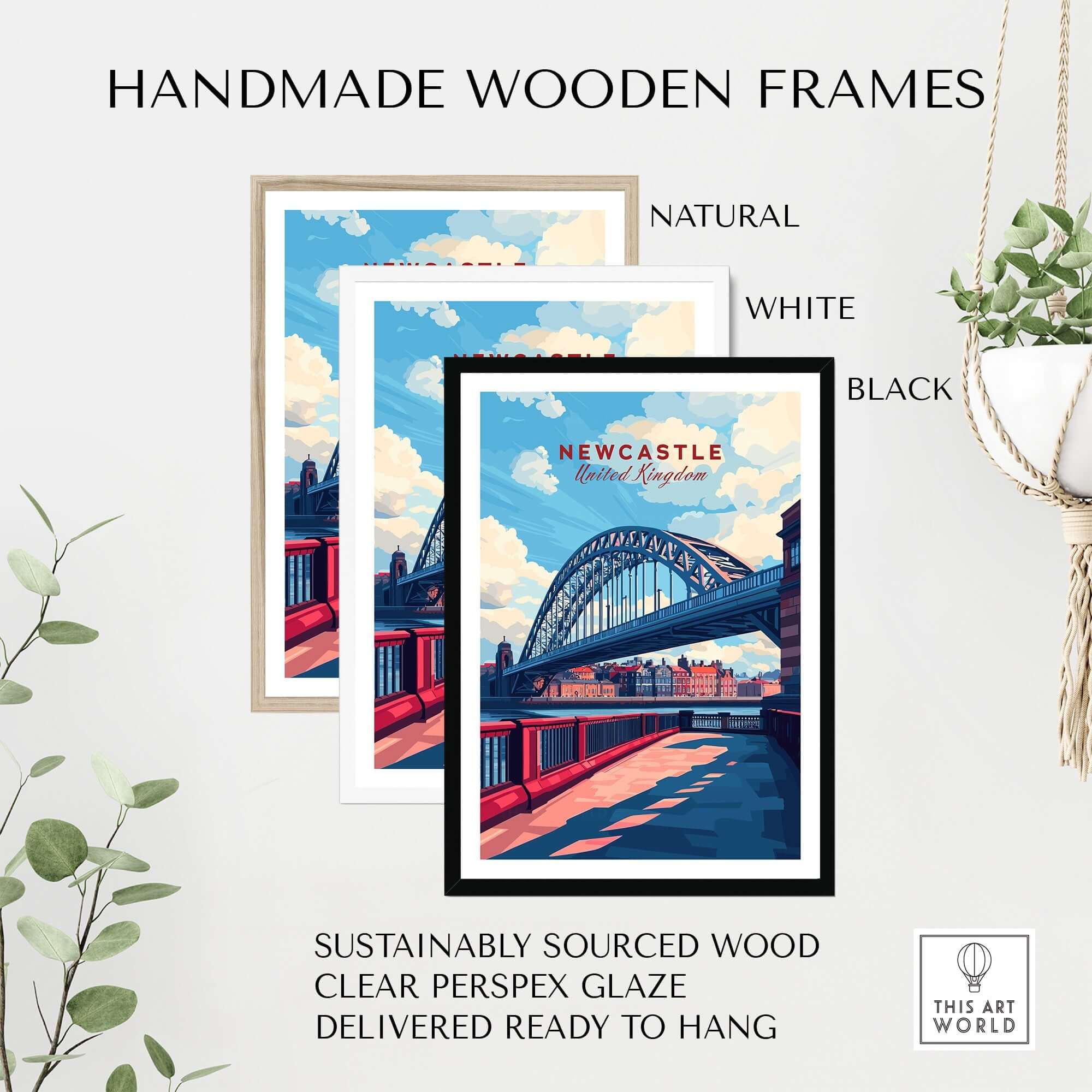 Newcastle Travel Print framed in natural, white, and black handmade wooden frames.