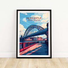 Newcastle Travel Print featuring the iconic Tyne Bridge in a vibrant illustration, perfect for art lovers.