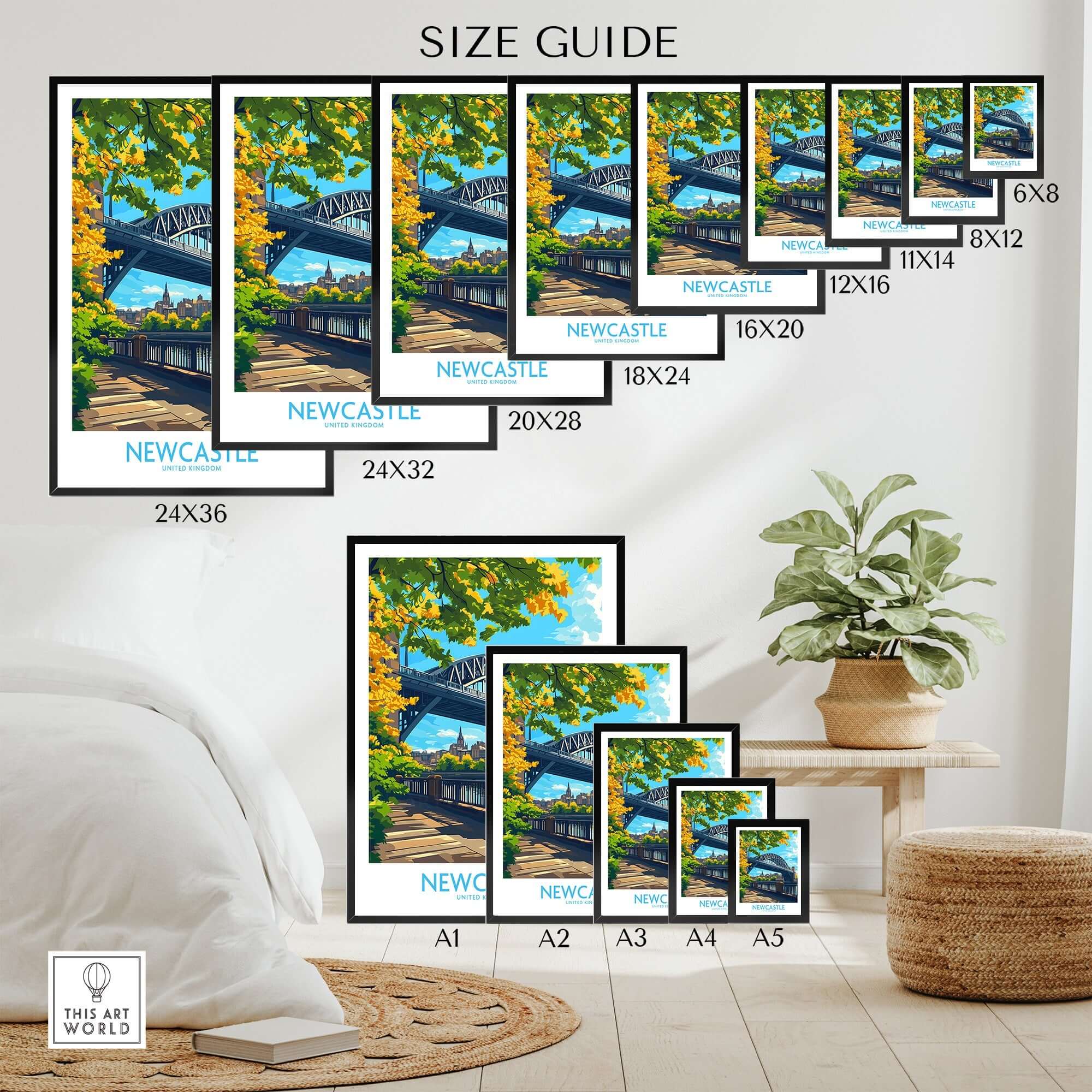 Newcastle upon Tyne Travel Poster size guide showcasing various frame sizes and designs.