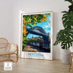 Newcastle upon Tyne Travel Poster featuring a vibrant view of the iconic bridge and autumn foliage.