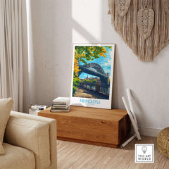 Newcastle upon Tyne Travel Poster featuring a vibrant view of the iconic bridge and scenic surroundings.