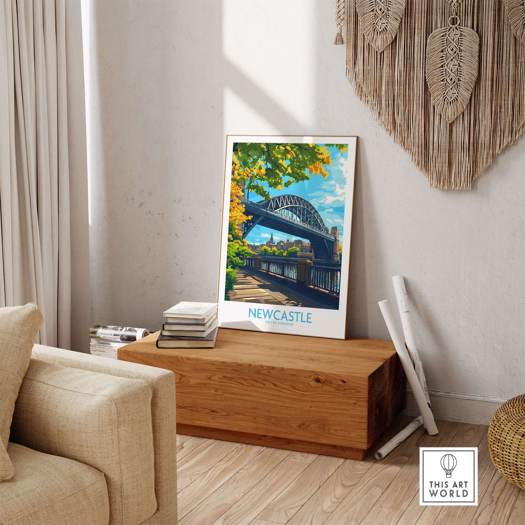 Newcastle upon Tyne Travel Poster featuring a vibrant view of the iconic bridge and scenic surroundings.