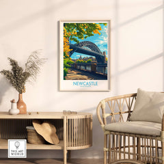 Newcastle upon Tyne Travel Poster featuring the iconic bridge and vibrant autumn scenery.