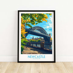 Newcastle upon Tyne Travel Poster showcasing the iconic bridge and vibrant scenery in the background.