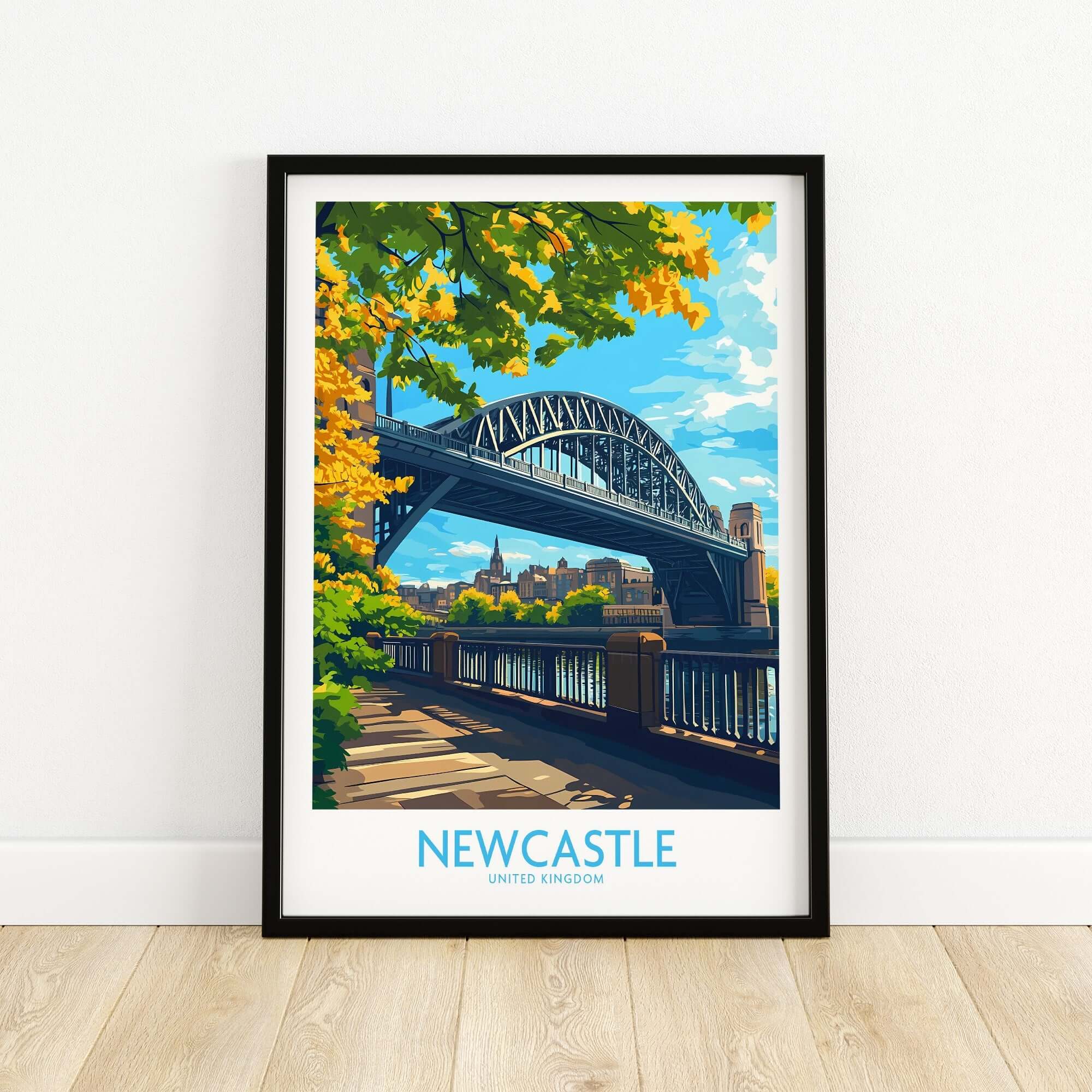 Newcastle upon Tyne Travel Poster showcasing the iconic bridge and vibrant scenery in the background.