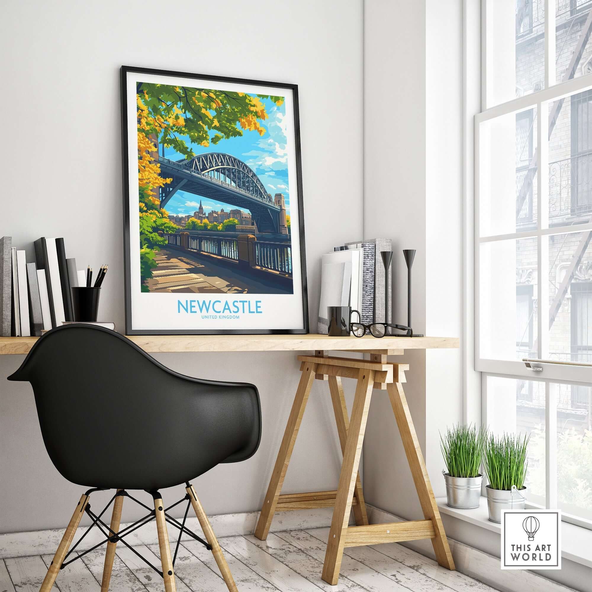 Newcastle upon Tyne Travel Poster displayed in a stylish interior with a desk and natural light.