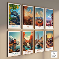 Newcastle upon Tyne Travel Poster displayed among other travel posters on a wall.