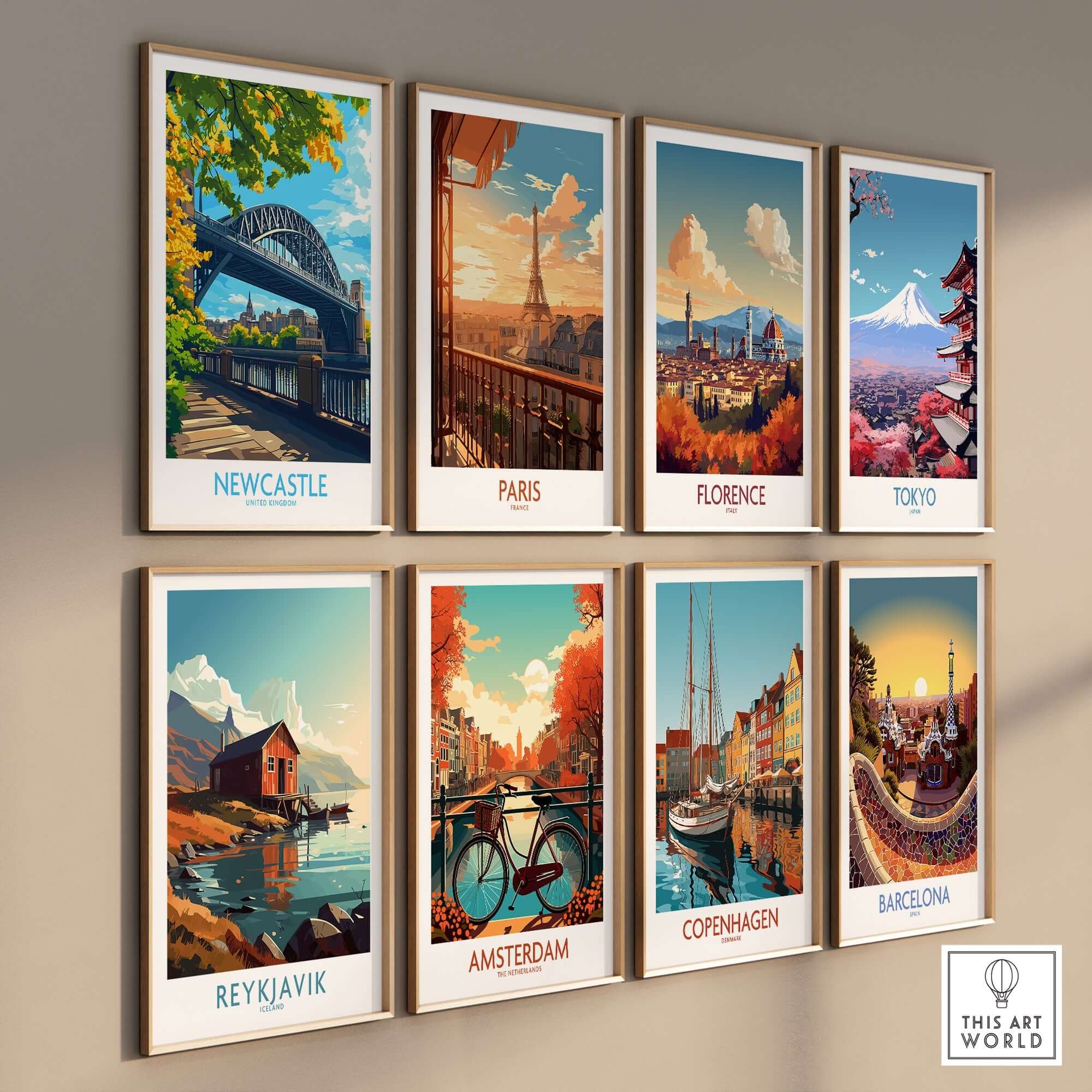 Newcastle upon Tyne Travel Poster displayed among other travel posters on a wall.