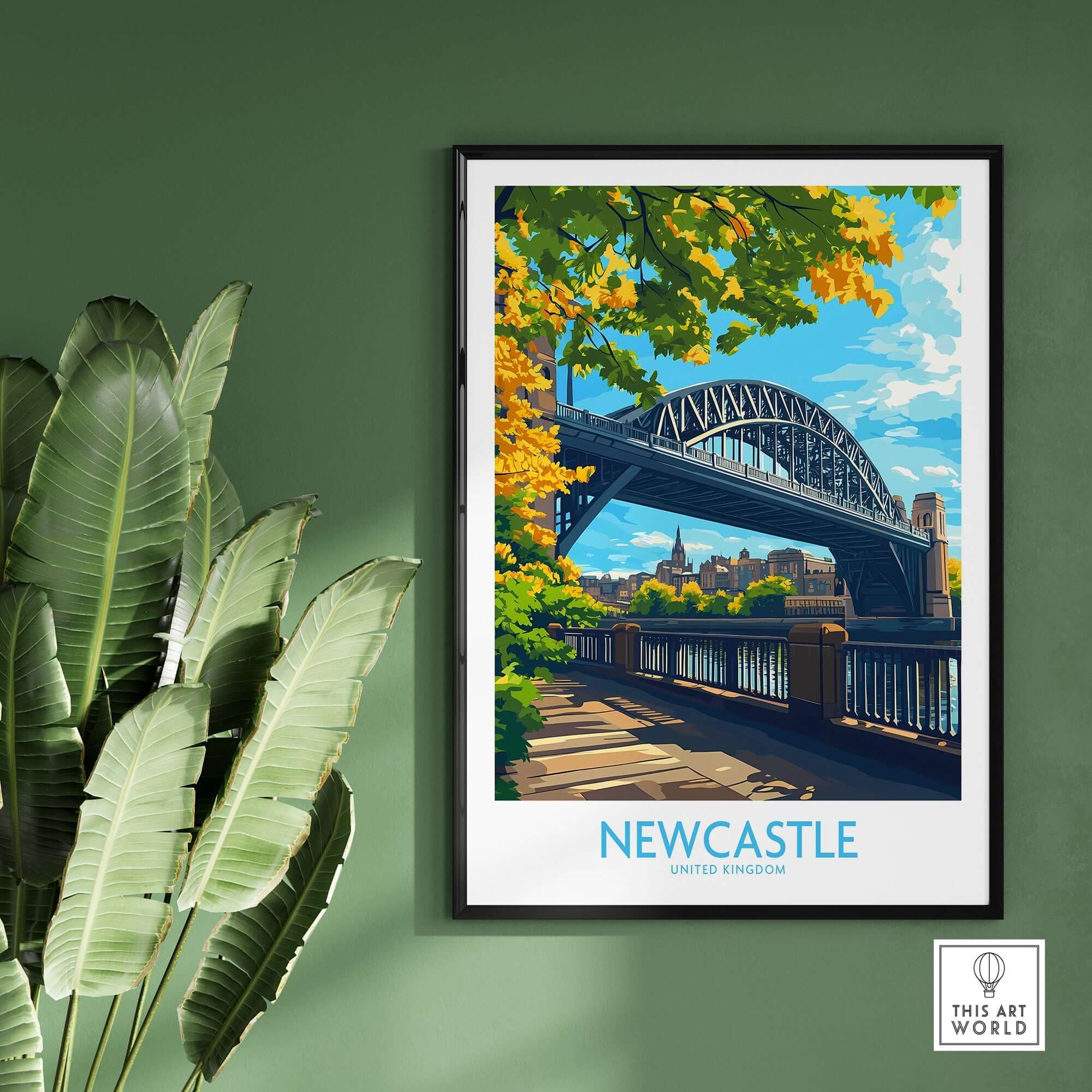 Newcastle upon Tyne Travel Poster showcasing the iconic Tyne Bridge surrounded by greenery.